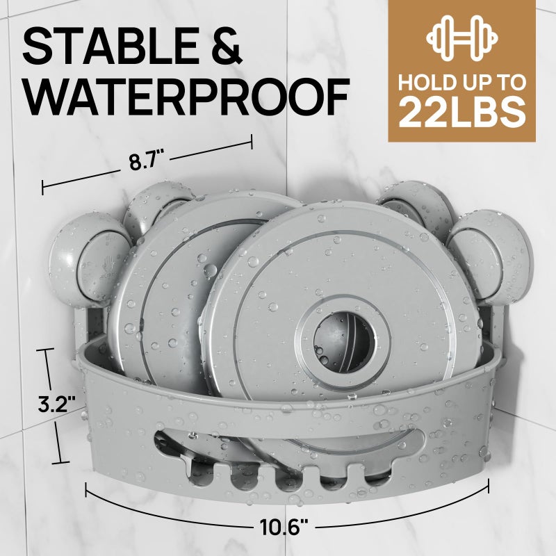LEVERLOC Corner Shower Caddy Suction Cup, Shower Caddy Basket Powerful Suction Bathroom, Waterproof & Rustproof Organizer for Bathroom Storage, No-Drilling Removable (Grey) - Image 3